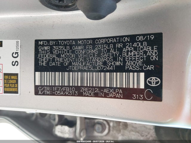 2020 Toyota Corolla Le მანქანა იყიდება აუქციონზე, vin: JTDEPRAE5LJ072441, აუქციონის ნომერი: 45832499