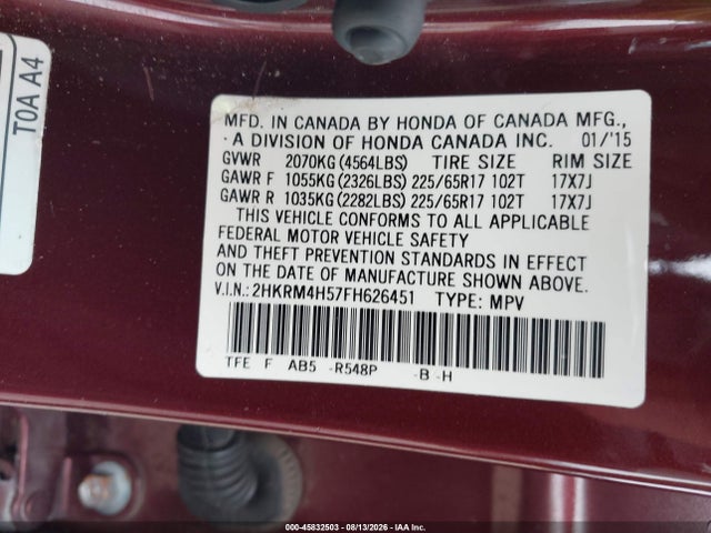 Продаж на аукціоні авто 2015 Honda Cr-v Ex, vin: 2HKRM4H57FH626451, номер лоту: 45832503