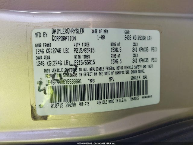Продажа на аукционе авто 2000 Dodge Grand Caravan Se, vin: 1B4GP44R6YB639801, номер лота: 45832505
