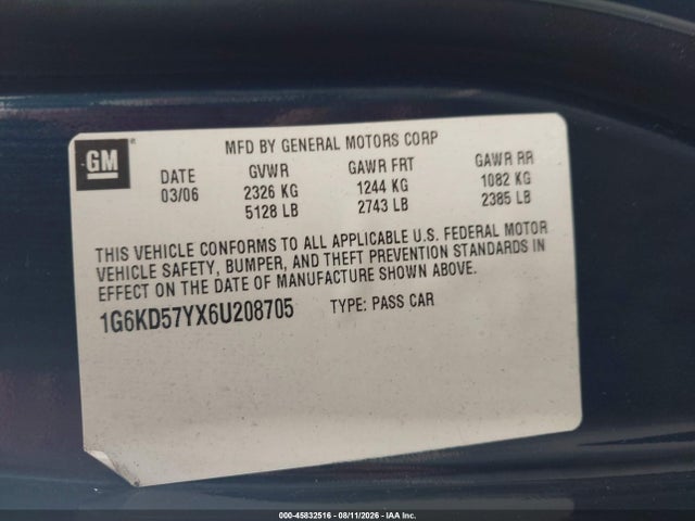 Aukcja sprzedaży 2006 Cadillac Dts 1sb, vin: 1G6KD57YX6U208705, numer aukcji: 45832516