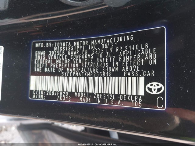 45832520 :رقم المزاد ، 5YFEPMAEXMP255818 vin ، 2021 Toyota Corolla Le مزاد بيع