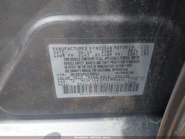 45832540 :رقم المزاد ، 3N1AB7AP0JY340441 vin ، 2018 Nissan Sentra S مزاد بيع