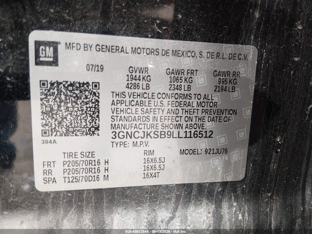 45832544 :رقم المزاد ، 3GNCJKSB9LL116512 vin ، 2020 Chevrolet Trax Fwd Ls مزاد بيع