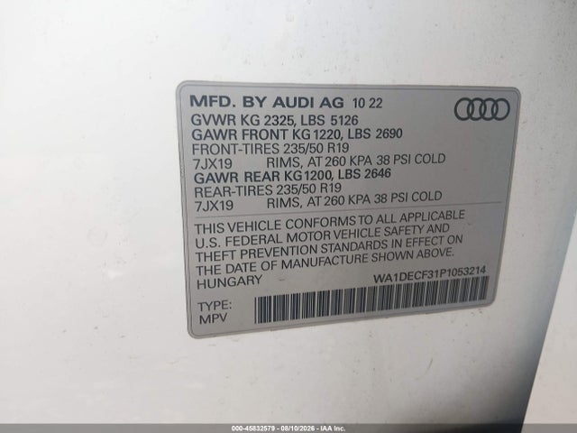 Aukcja sprzedaży 2023 Audi Q3 Premium 45 Tfsi S Line Quattro Tiptronic, vin: WA1DECF31P1053214, numer aukcji: 45832579