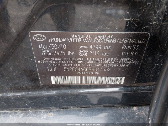 2011 Hyundai Sonata Limited მანქანა იყიდება აუქციონზე, vin: 5NPEC4AC6BH043552, აუქციონის ნომერი: 45832588