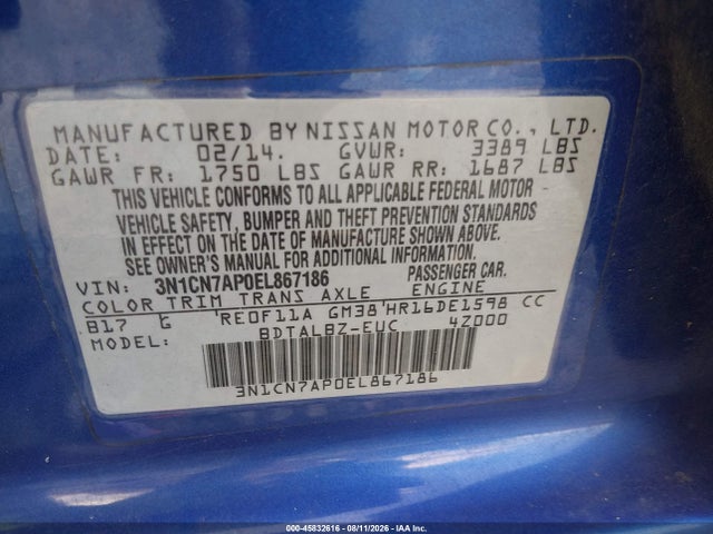 Nissan Versa 1.6 Sv 2014 3N1CN7AP0EL867186 Image 9