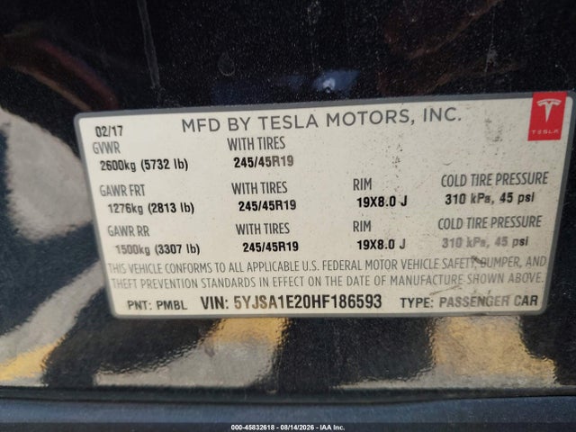 Tesla Model S 100d/60d/75d/90d/p100d 2017 5YJSA1E20HF186593 Image 9