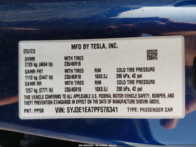 Aukcja sprzedaży 2023 Tesla Model 3 Rear-wheel Drive, vin: 5YJ3E1EA7PF578341, numer aukcji: 45832629