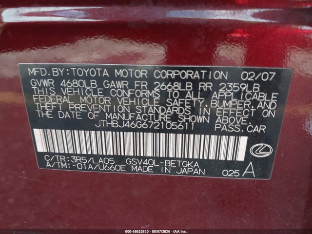 Продаж на аукціоні авто 2007 Lexus Es 350, vin: JTHBJ46G672105611, номер лоту: 45832630
