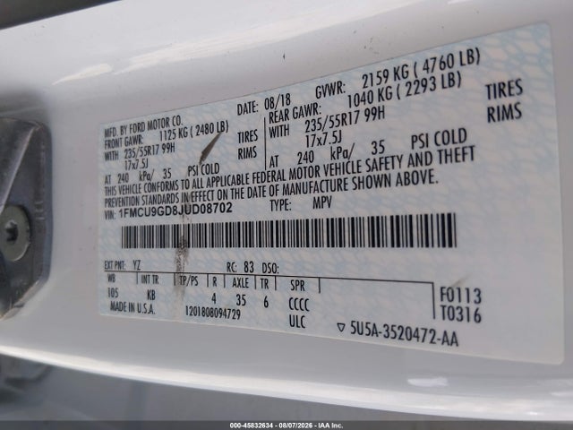 2018 Ford Escape Se მანქანა იყიდება აუქციონზე, vin: 1FMCU9GD8JUD08702, აუქციონის ნომერი: 45832634