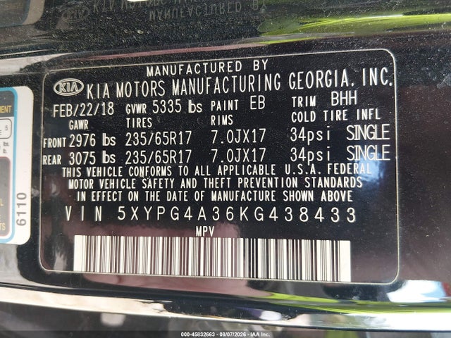 45832663 :رقم المزاد ، 5XYPG4A36KG438433 vin ، 2019 Kia Sorento 2.4l Lx مزاد بيع