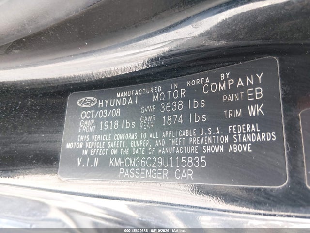 Продажа на аукционе авто 2009 Hyundai Accent Gs, vin: KMHCM36C29U115835, номер лота: 45832686