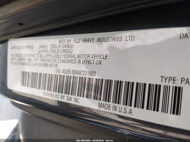 45832695 :رقم المزاد ، 4S3BL626497211663 vin ، 2009 Subaru Legacy 2.5i Limited مزاد بيع