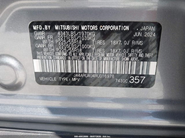 2024 Mitsubishi Outlander Sport 2.0 Es Awc/2.0 Le Awc/2.0 Ralliart Awc/2.0 S Awc/2.0 Se Awc/2.0 Trail Edition Awc მანქანა იყიდება აუქციონზე, vin: JA4ARUAU4RU016978, აუქციონის ნომერი: 45832698