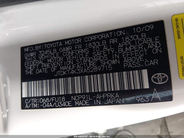 Продаж на аукціоні авто 2010 Toyota Yaris, vin: JTDKT4K3XA5289715, номер лоту: 45832707