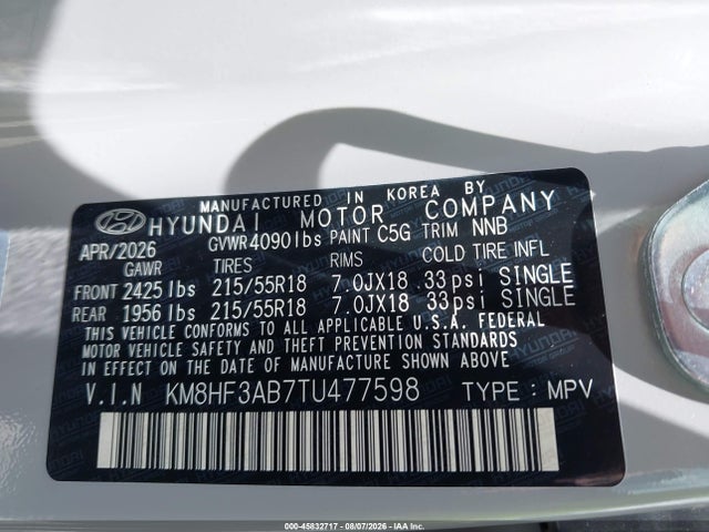 2026 Hyundai Kona Sel Sport მანქანა იყიდება აუქციონზე, vin: KM8HF3AB7TU477598, აუქციონის ნომერი: 45832717
