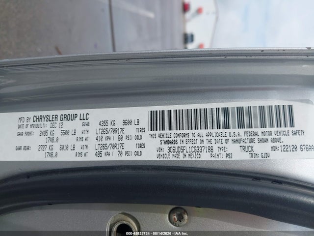 Продаж на аукціоні авто 2012 Ram 2500 Laramie, vin: 3C6UD5FL1CG337188, номер лоту: 45832724