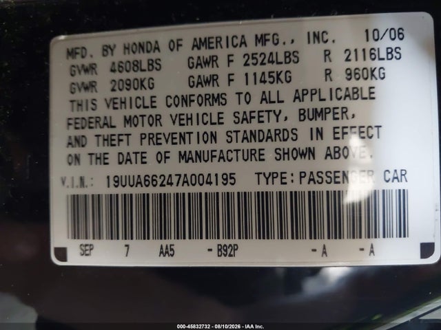 Продаж на аукціоні авто 2007 Acura Tl 3.2, vin: 19UUA66247A004195, номер лоту: 45832732