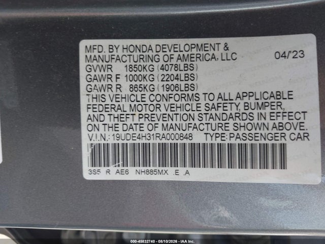 Aukcja sprzedaży 2024 Acura Integra A-spec, vin: 19UDE4H31RA000848, numer aukcji: 45832740