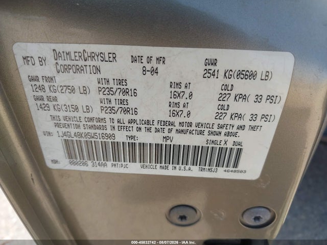 2005 Jeep Liberty Sport მანქანა იყიდება აუქციონზე, vin: 1J4GL48K05W516909, აუქციონის ნომერი: 45832742