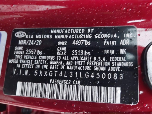 Aukcja sprzedaży 2020 Kia Optima S, vin: 5XXGT4L31LG450083, numer aukcji: 45832748