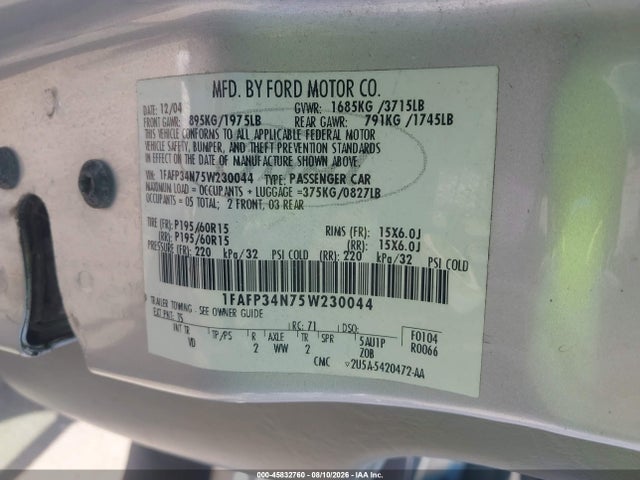 45832760 :رقم المزاد ، 1FAFP34N75W230044 vin ، 2005 Ford Focus Zx4 مزاد بيع