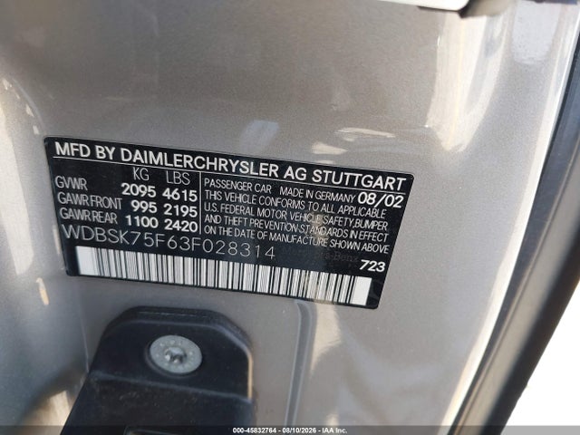 Aukcja sprzedaży 2003 Mercedes-benz Sl 500, vin: WDBSK75F63F028314, numer aukcji: 45832764