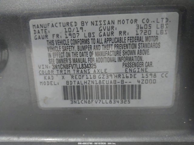 2020 Nissan Versa Sr Xtronic Cvt მანქანა იყიდება აუქციონზე, vin: 3N1CN8FV7LL834325, აუქციონის ნომერი: 45832765