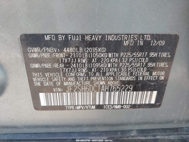45832768 :رقم المزاد ، JF2SH6DC1AH765229 vin ، 2010 Subaru Forester 2.5x Limited مزاد بيع