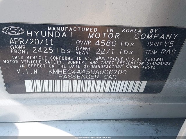 45832785 :رقم المزاد ، KMHEC4A45BA006200 vin ، 2011 Hyundai Sonata Hybrid مزاد بيع