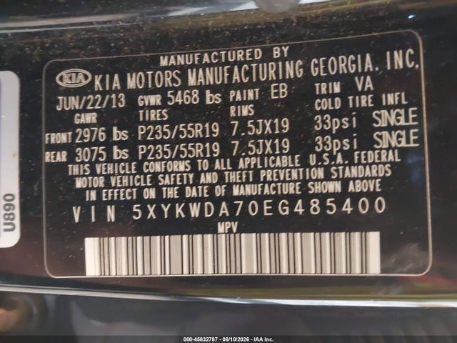 45832787 :رقم المزاد ، 5XYKWDA70EG485400 vin ، 2014 Kia Sorento Limited V6 مزاد بيع
