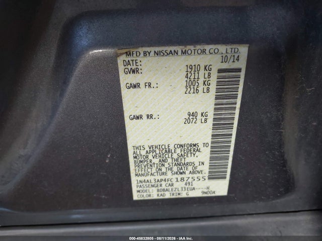 Nissan Altima 2.5 S 2015 1N4AL3AP4FC187555 Image 9