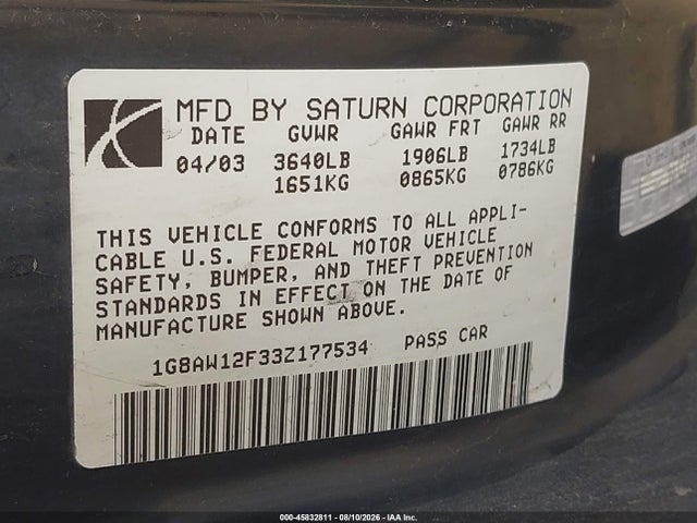Продаж на аукціоні авто 2003 Saturn Ion 3, vin: 1G8AW12F33Z177534, номер лоту: 45832811