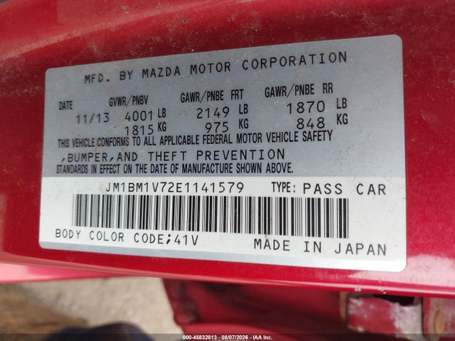 Aukcja sprzedaży 2014 Mazda Mazda3 I Touring, vin: JM1BM1V72E1141579, numer aukcji: 45832813
