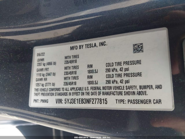 Tesla Model 3 Long Range Dual Motor All-wheel Drive 2022 5YJ3E1EB3NF277815 Image 9