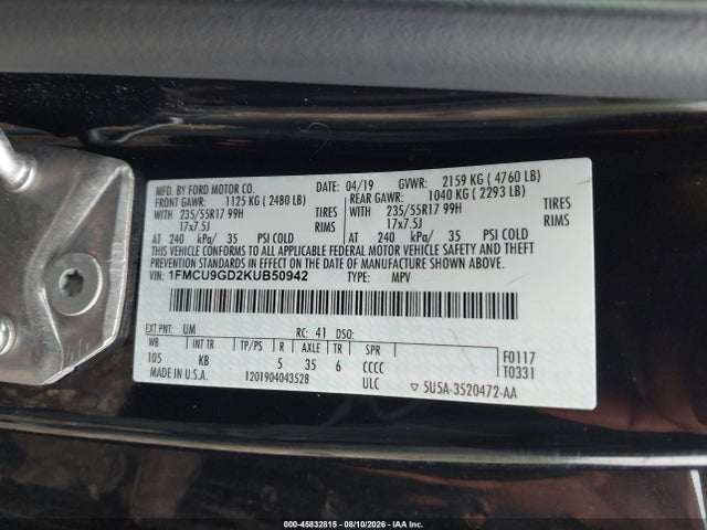 Продаж на аукціоні авто 2019 Ford Escape Se, vin: 1FMCU9GD2KUB50942, номер лоту: 45832815
