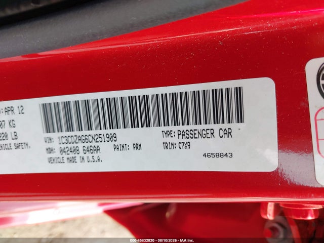 45832820 :رقم المزاد ، 1C3CDZAG6CN251909 vin ، 2012 Dodge Avenger Se مزاد بيع