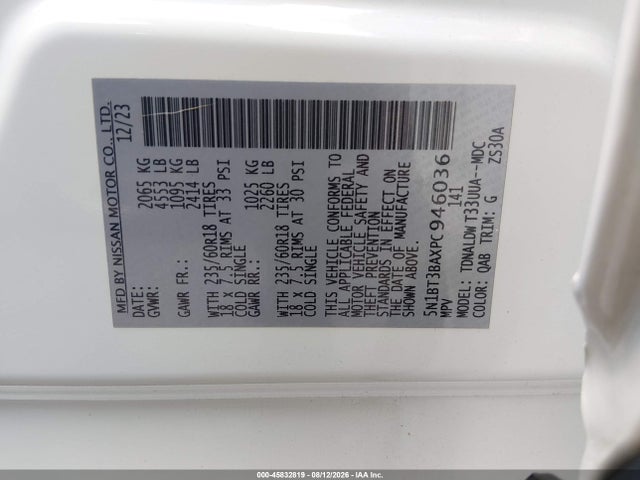 45832819 :رقم المزاد ، 5N1BT3BAXPC946036 vin ، 2023 Nissan Rogue Sv Fwd مزاد بيع