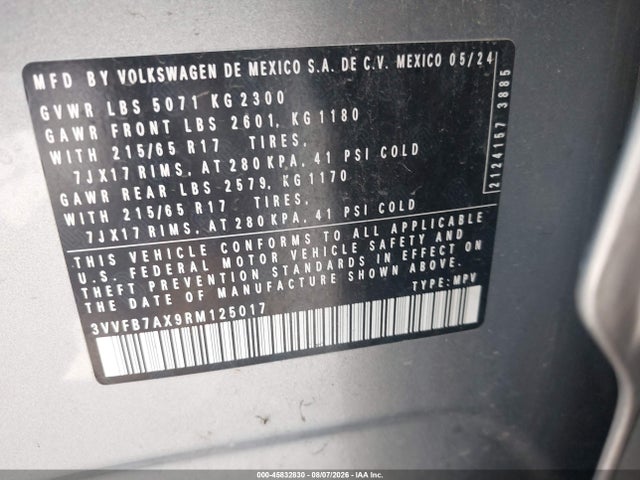 45832830 :رقم المزاد ، 3VVFB7AX9RM125017 vin ، 2024 Volkswagen Tiguan 2.0t S مزاد بيع