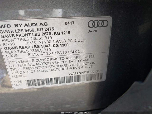 45832833 :رقم المزاد ، WA1ANAFY6J2013182 vin ، 2018 Audi Q5 2.0t Premium/2.0t Tech Premium مزاد بيع