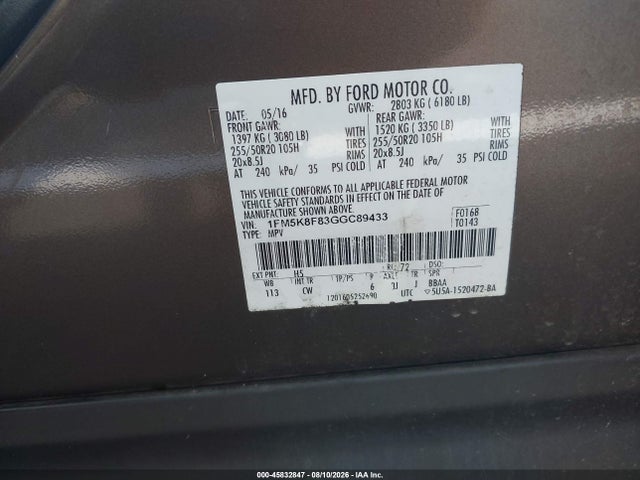 45832847 :رقم المزاد ، 1FM5K8F83GGC89433 vin ، 2016 Ford Explorer Limited مزاد بيع