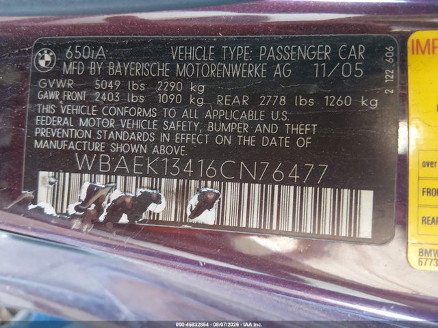 Aukcja sprzedaży 2006 Bmw 650i, vin: WBAEK13416CN76477, numer aukcji: 45832854