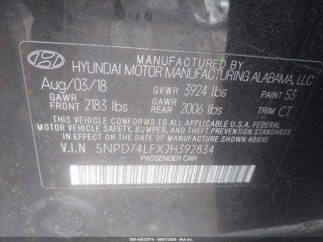 Продаж на аукціоні авто 2018 Hyundai Elantra Se, vin: 5NPD74LFXJH392834, номер лоту: 45832874