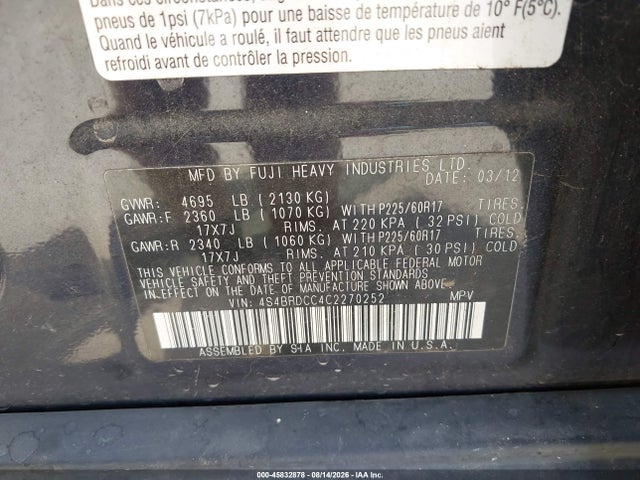 2012 Subaru Outback 3.6r Premium მანქანა იყიდება აუქციონზე, vin: 4S4BRDCC4C2270252, აუქციონის ნომერი: 45832878