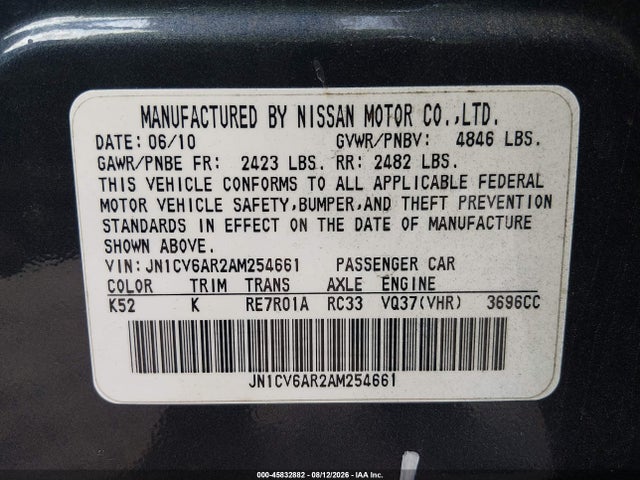 2010 Infiniti G37x მანქანა იყიდება აუქციონზე, vin: JN1CV6AR2AM254661, აუქციონის ნომერი: 45832882