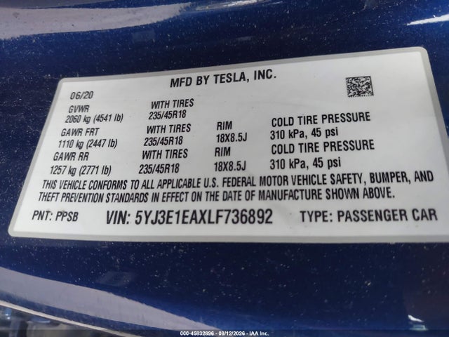 2020 Tesla Model 3 Standard Range Plus Rear-wheel Drive/standard Range Rear-wheel Drive მანქანა იყიდება აუქციონზე, vin: 5YJ3E1EAXLF736892, აუქციონის ნომერი: 45832896