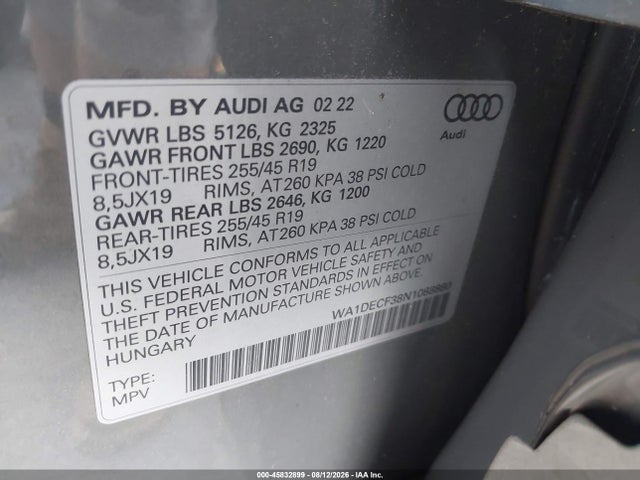Aukcja sprzedaży 2022 Audi Q3 Premium 45 Tfsi S Line Quattro Tiptronic, vin: WA1DECF38N1088880, numer aukcji: 45832899