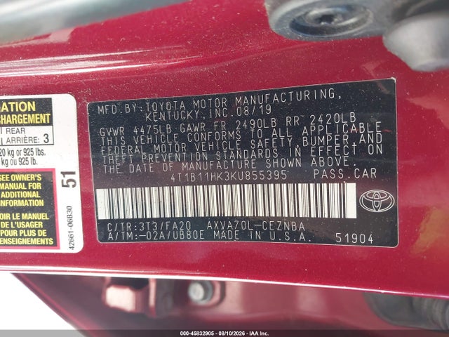 45832905 :رقم المزاد ، 4T1B11HK3KU855395 vin ، 2019 Toyota Camry Le مزاد بيع