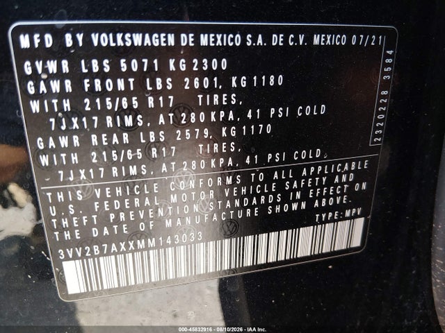 3VV2B7AXXMM143033 Volkswagen Tiguan 2.0t Se/2.0t Se R-line Black/2.0t Sel