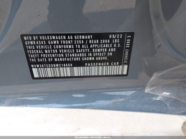 2022 Volkswagen Golf Gti 2.0t Se მანქანა იყიდება აუქციონზე, vin: WVW387CDXNW218559, აუქციონის ნომერი: 45832922
